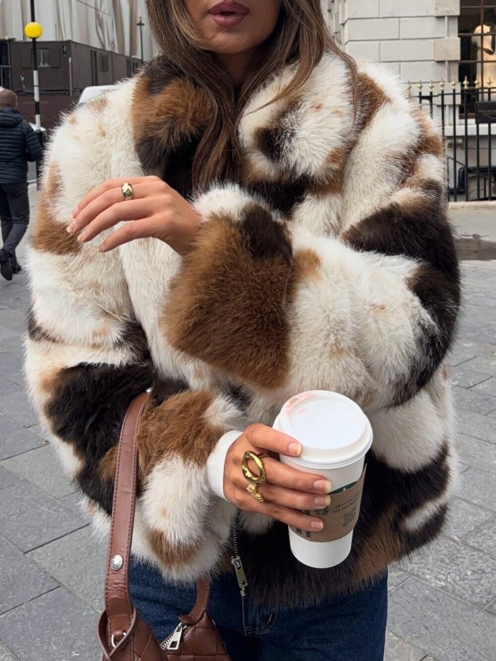 Brown Casual Women's Faux Fur Animal Print Zip-Up Jacket
